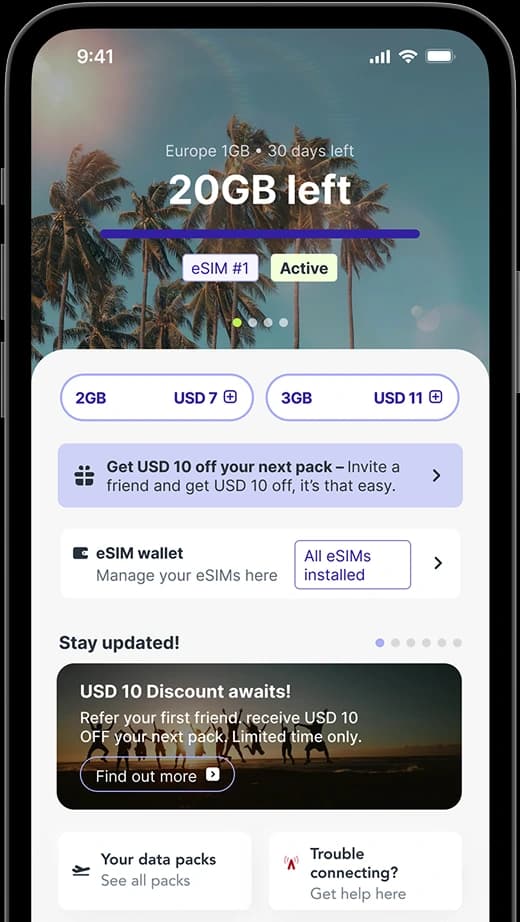 Jetpac Global app screen showing active eSIM, remaining data, and available data packs